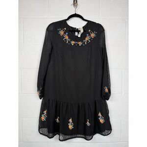 Japna Embroidered Boho Dress Womens Medium Black Swiss Dot Floral Sheer NEW
